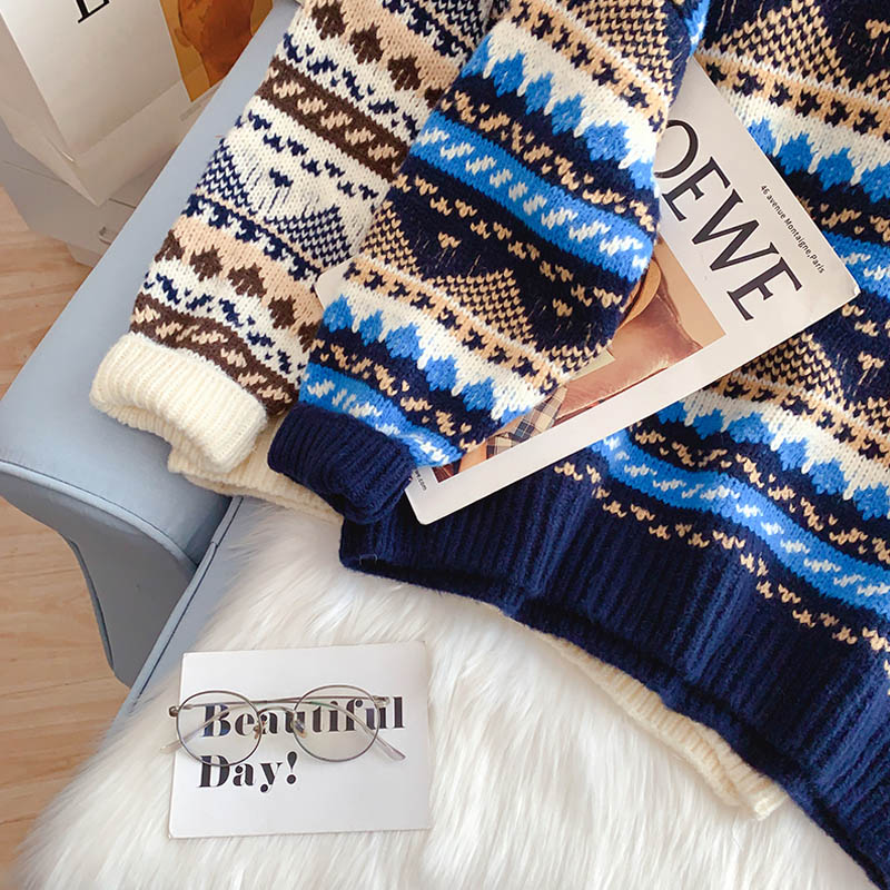 Vintage jacquard sweater loose lazy top 5135