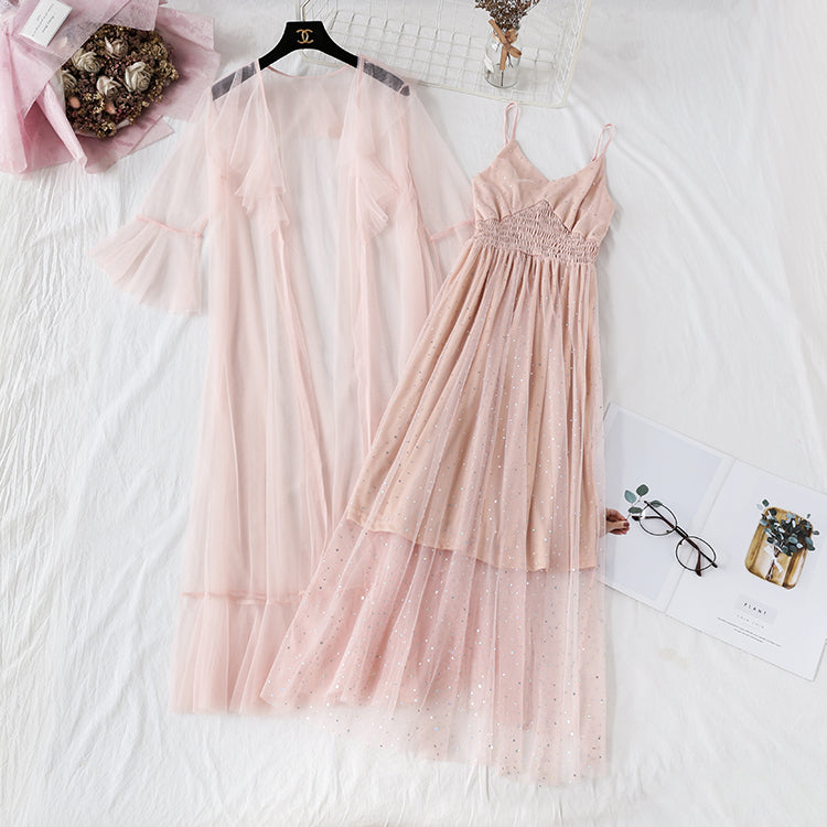 Sequin mesh dress suspender skirt two piece suit 4478
