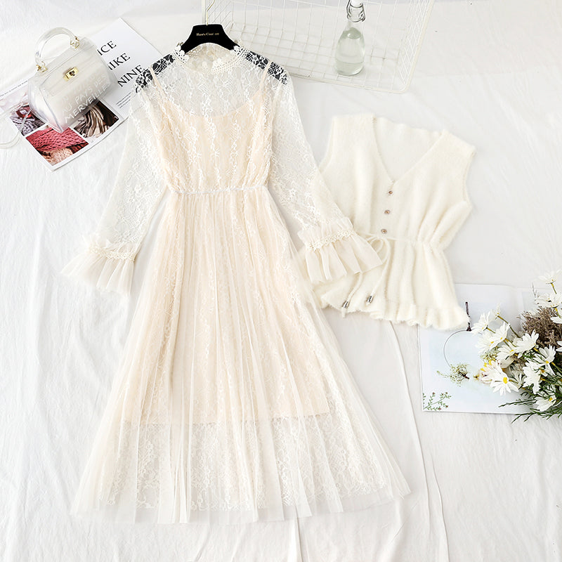 Lace inside dress vest skirt two piece suit 4742