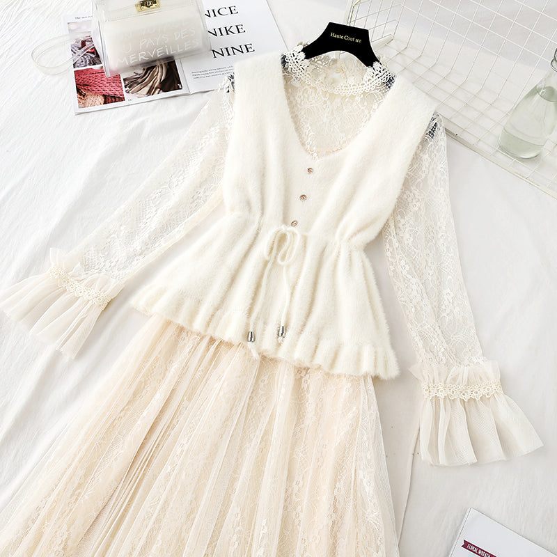 Lace inside dress vest skirt two piece suit 4742