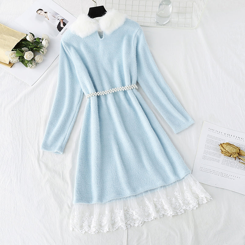 Seahorse wool knitted dress fake two pieces of stitched lace 4777