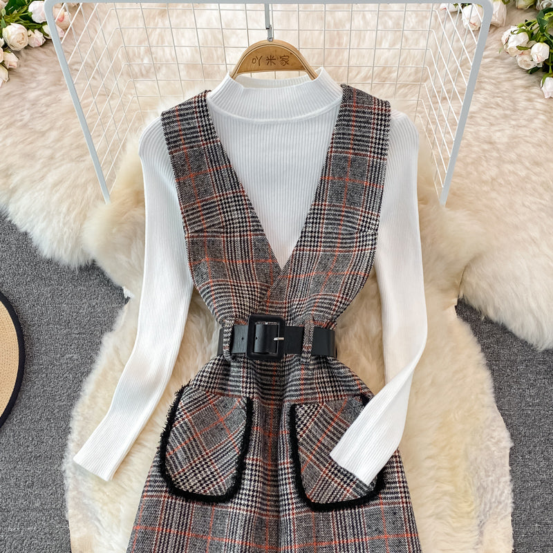 Woolen vest dress two piece stand collar knit bottoming shirt 3771