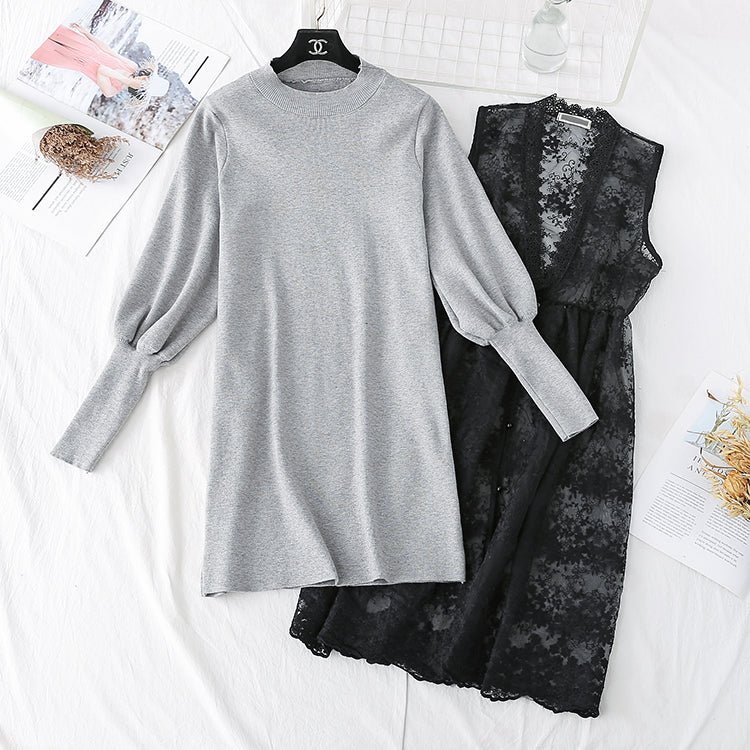 Two piece set of knitted dress with gentle wind 4487