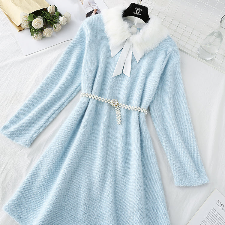 Seahorse wool knitted dress fake two pieces of stitched lace 4777