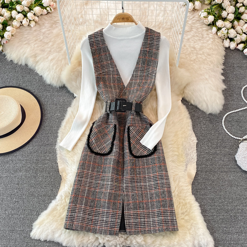 Woolen vest dress two piece stand collar knit bottoming shirt 3771