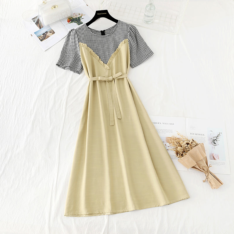New stitched fake two piece dress women's French dress 4636