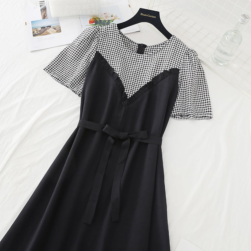 New stitched fake two piece dress women's French dress 4636