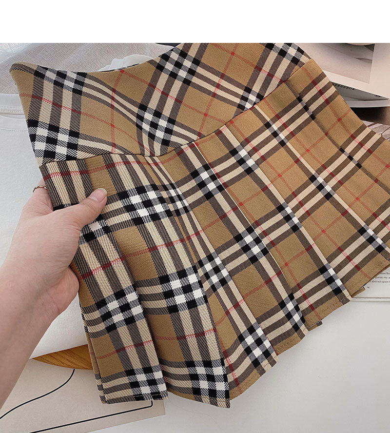 Khaki pleated skirt women's high waist A-line plaid skirt 5314