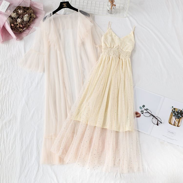 Sequin mesh dress suspender skirt two piece suit 4478
