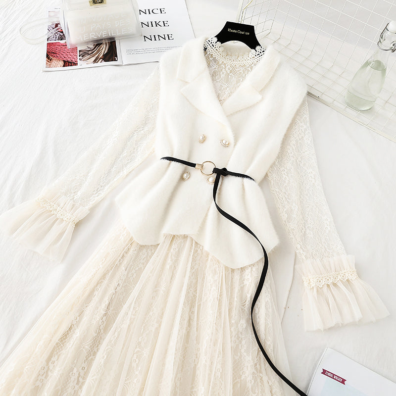 Super fairy lace dress vest skirt two piece set 4740