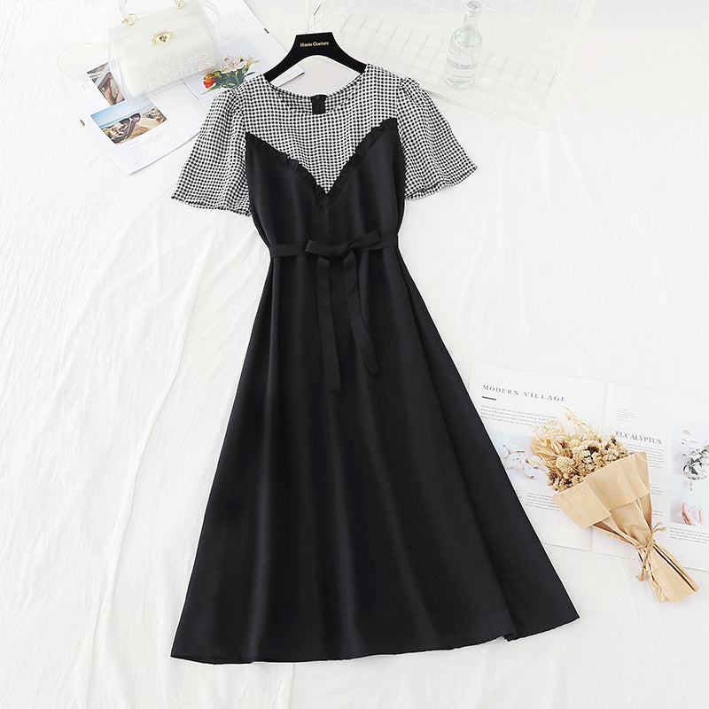 New stitched fake two piece dress women's French dress 4636