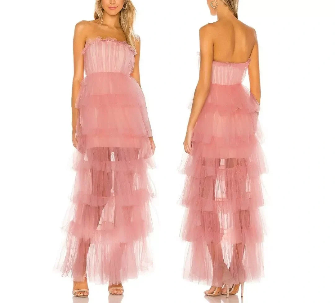 Pink fashion sweet A-line strapless long elegant layered tulle ball gown evening dress party dress gh2818
