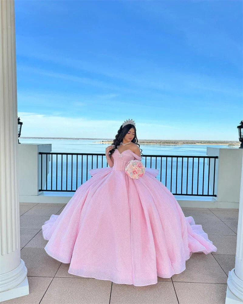 Pretty Ball Gown Off The Shoulder Pink Tulle Long Quinceanera Dress Formal Gowns Vestido De 15 Anos Sweet 16 Dress DH1841