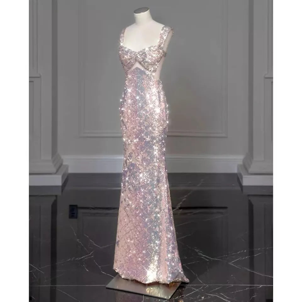 pink gorgeous sparkling pretty mermaid ball gown with detachable bow long elegant sequin formal prom dress eveng Dress Party Dress gh3544