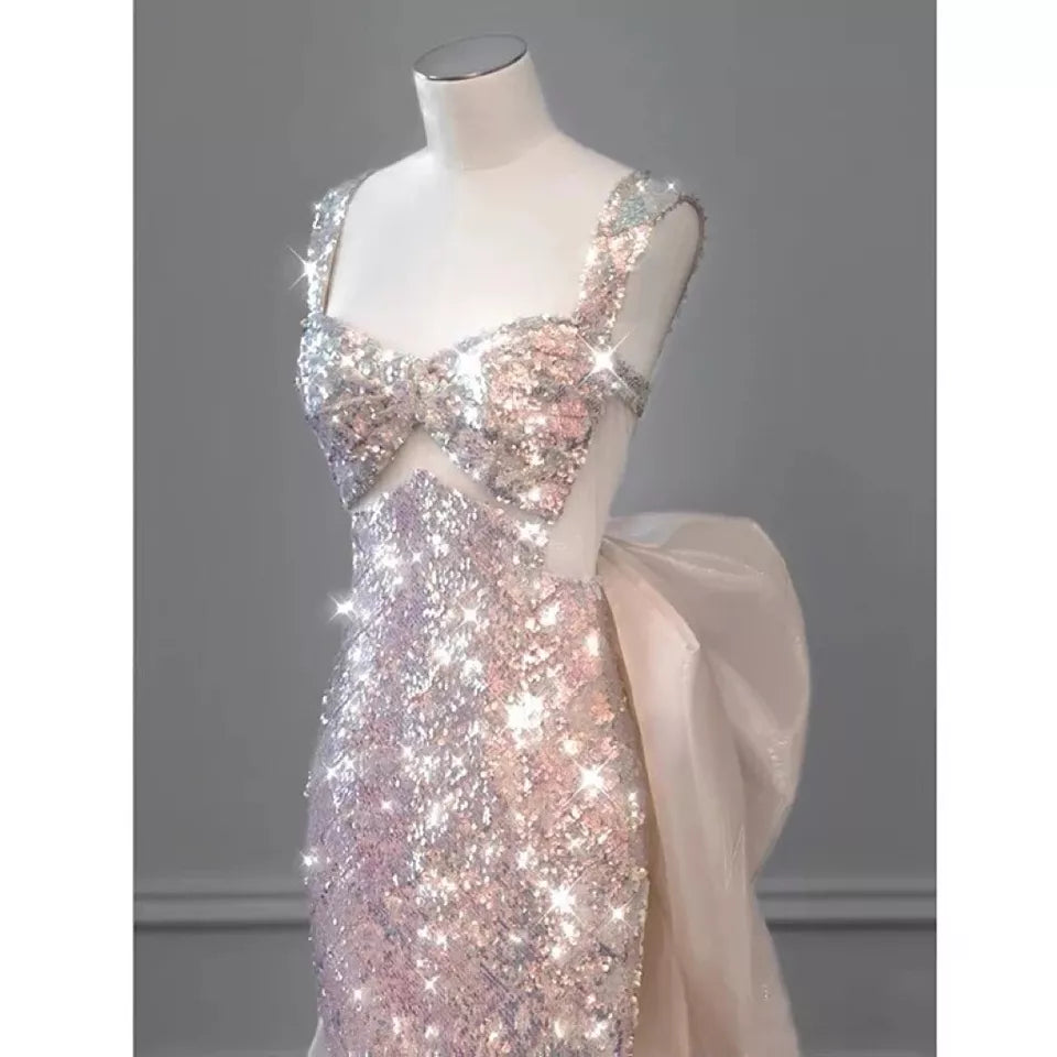 pink gorgeous sparkling pretty mermaid ball gown with detachable bow long elegant sequin formal prom dress eveng Dress Party Dress gh3544