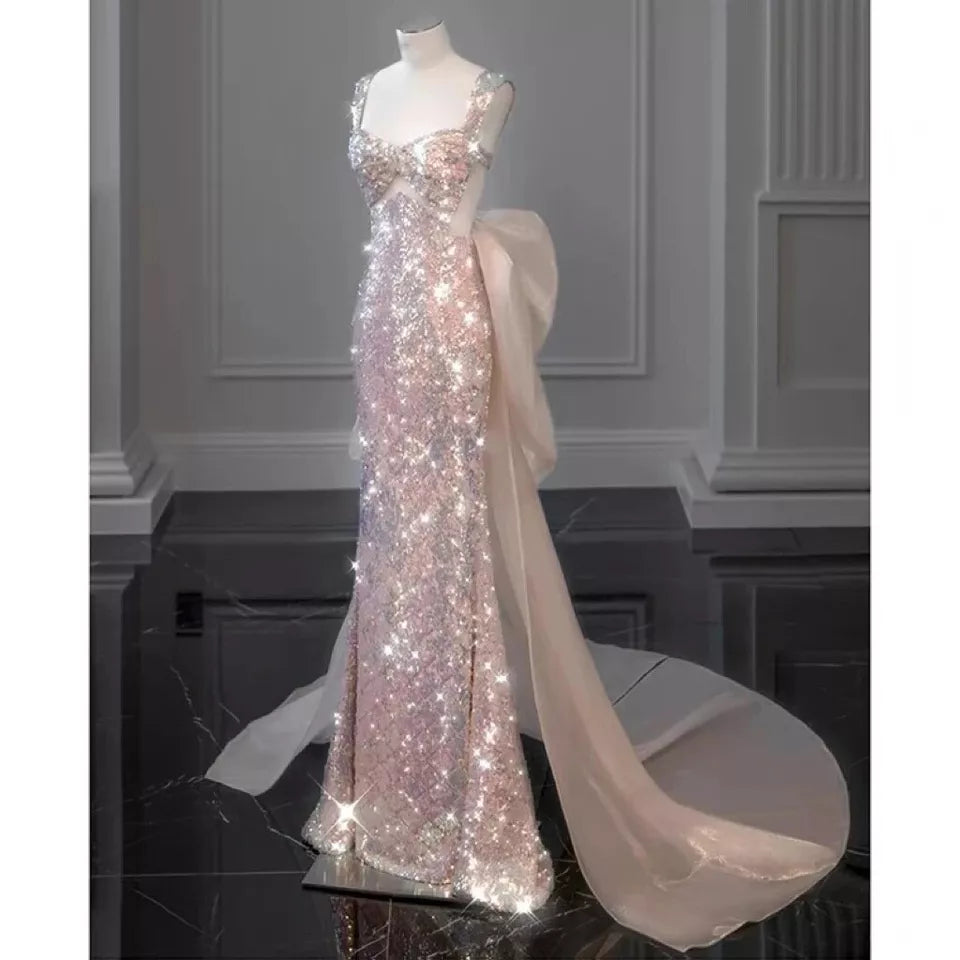 pink gorgeous sparkling pretty mermaid ball gown with detachable bow long elegant sequin formal prom dress eveng Dress Party Dress gh3544