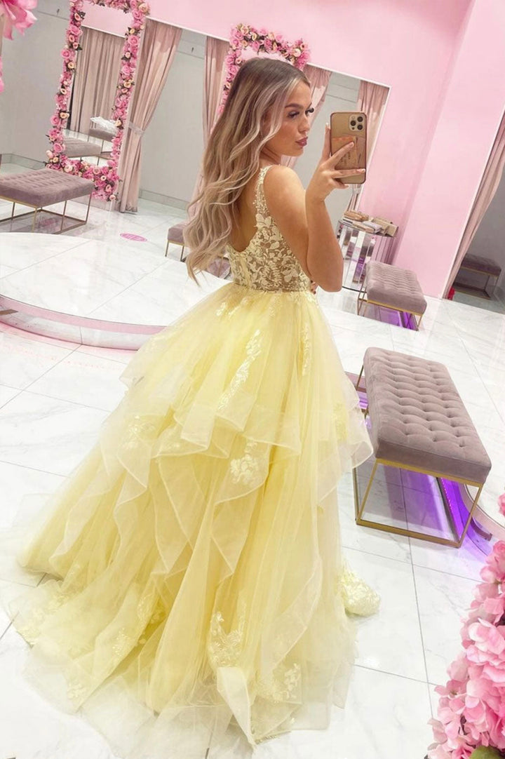 Yellow tulle lace long prom dress A line evening gown SA1293