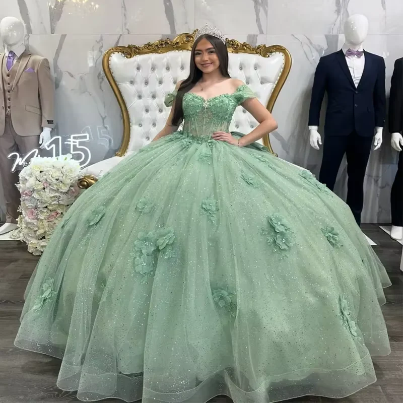 Sage Green Quinceanera Dress,Ball Gown Appliques Birthday With Bow