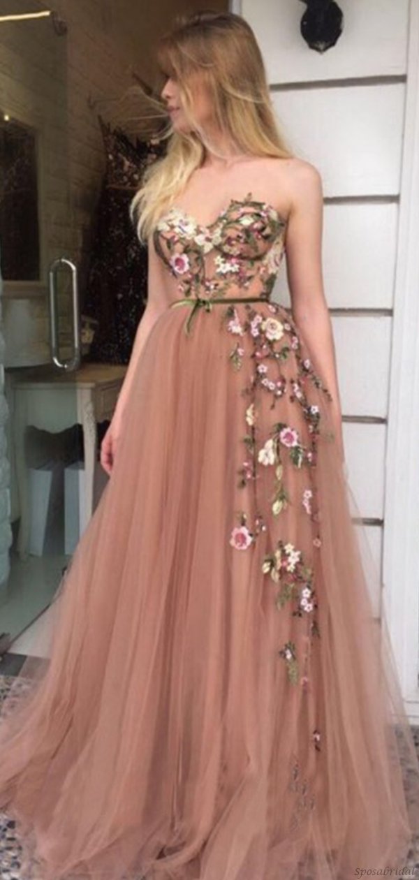 Sexy Dusty Pink Sweetheart Strapless Lace Top A-line Long Prom Dress