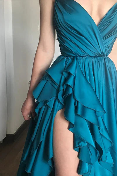 Elegant A Line Spaghetti Strap Ruffle Blue Satin Slit Long Prom Dress Graduation Prom Dress SH2577