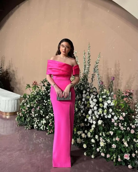 Hot Pink Tight Prom Dress Leg Split Satin Formal Party Dresses Elegant