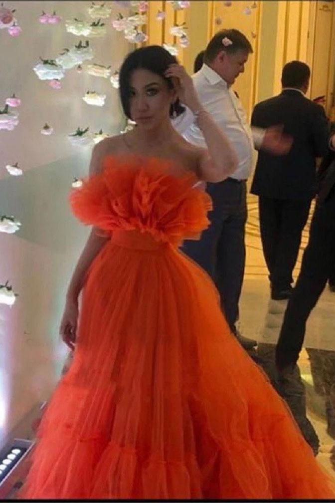 Orange Ruffles Tulle Evening Party Dresses Strapless Tiered Long Prom Dresses KS7942