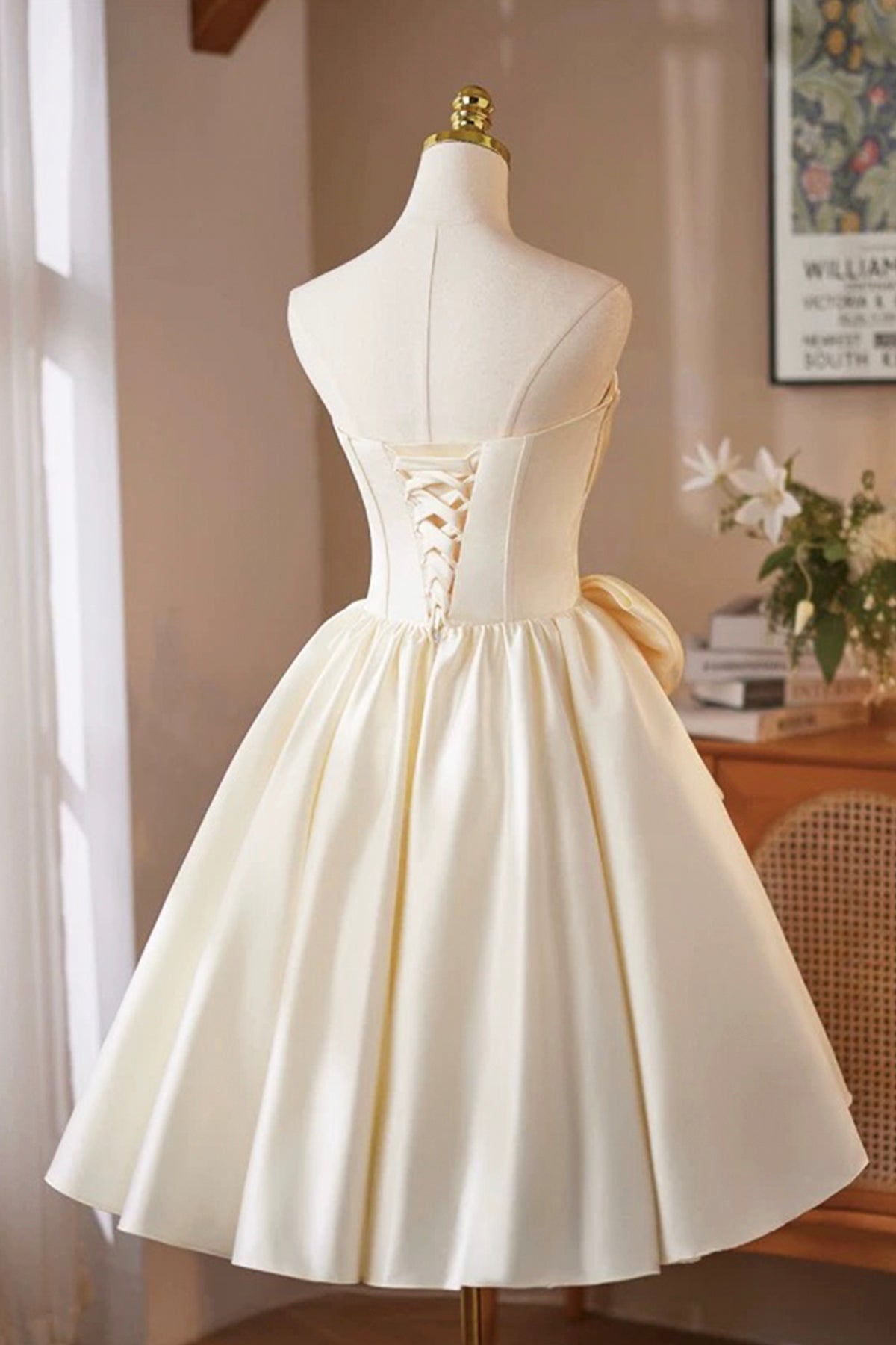 Champagne Satin Short Prom Dress, A-Line Strapless Party Dress with Corset
