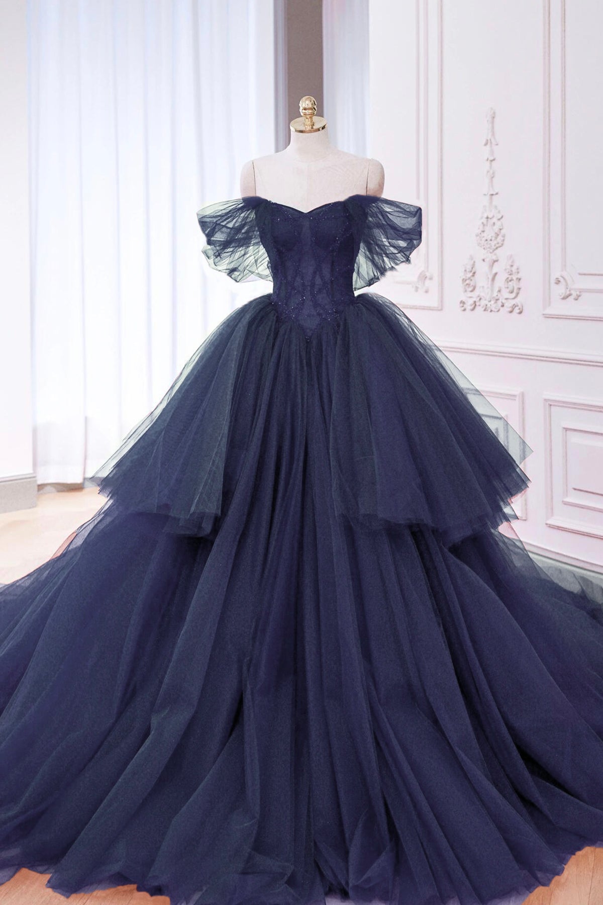 Navy Tulle Beads Long Prom Dress, A-Line Off the Shoulder Formal Evening Dress