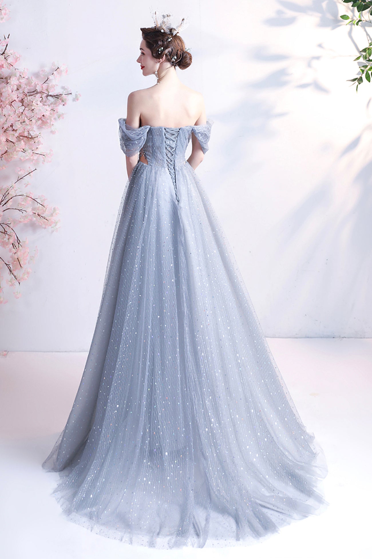 Elegant Gray Tulle Long Prom Dress, Off the Shoulder Formal Evening Dress