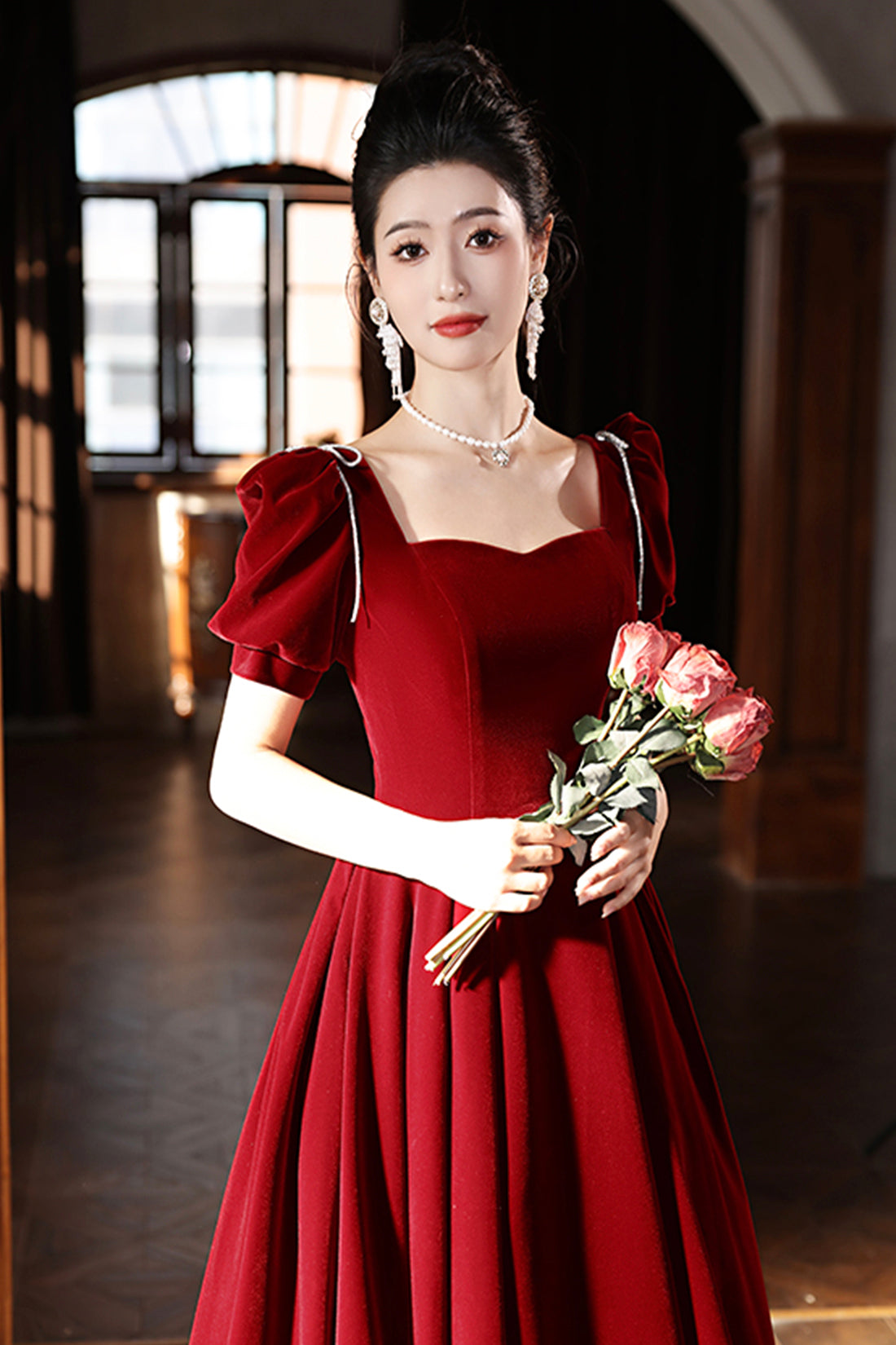 Burgundy Velvet Long A-Line Prom Dress, A-Line Short Sleeve Evening Party Dress