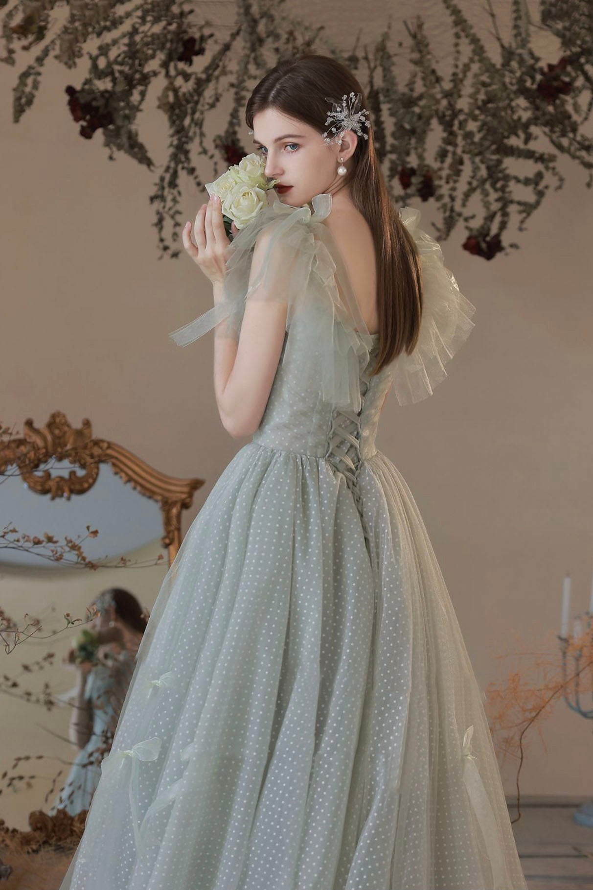 Light Green Tulle Long A-Line Prom Dress, Off the Shoulder Evening Party Dress