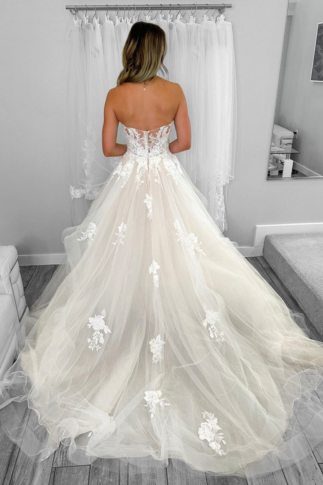 Light Champagne Tulle Lace Long Prom Dress, A-Line Strapless Formal Dress Party Dress