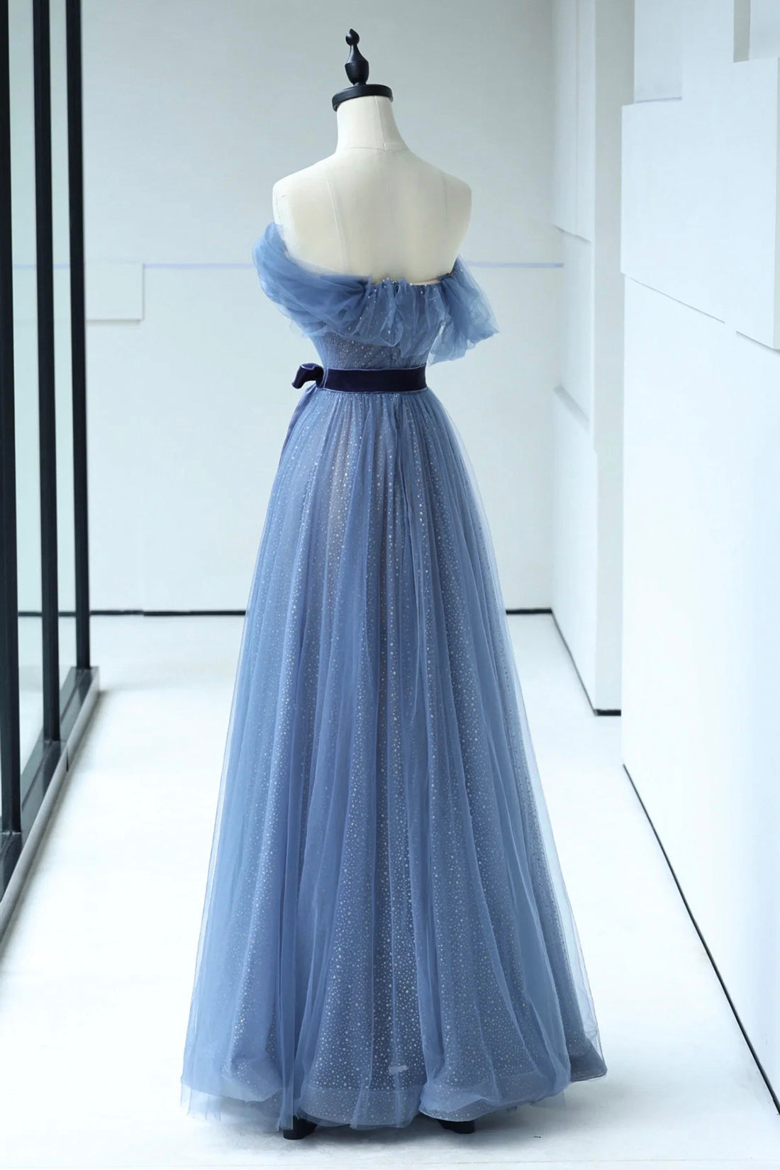 Beautiful Blue Floor Length Prom Dress, A-line Strapless Tulle Evening Dress