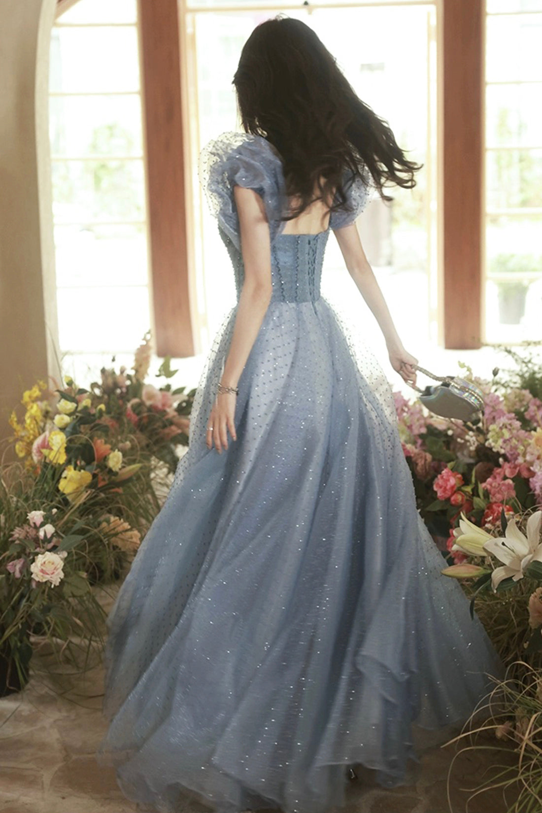 Gray Tulle Beaded Floor Length Prom Dress, Beautiful Short Sleeve Evening Dress