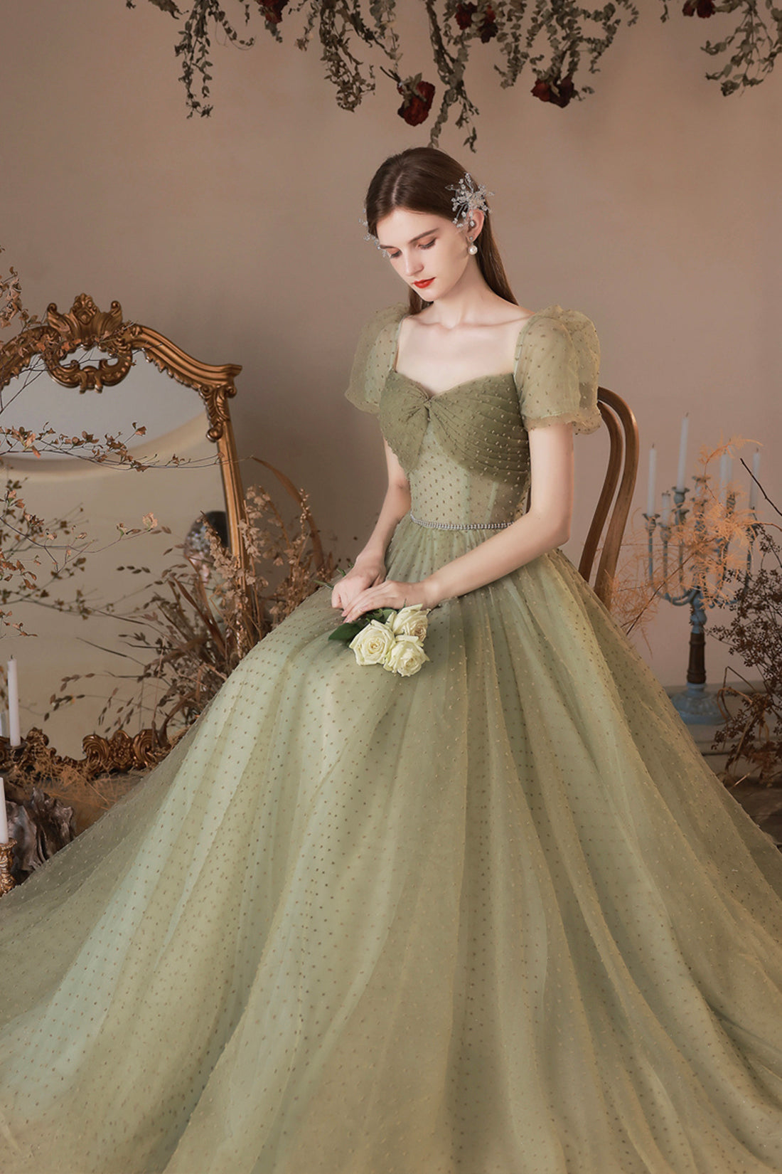Green Tulle Long A-Line Prom Dress, Cute Evening Dress