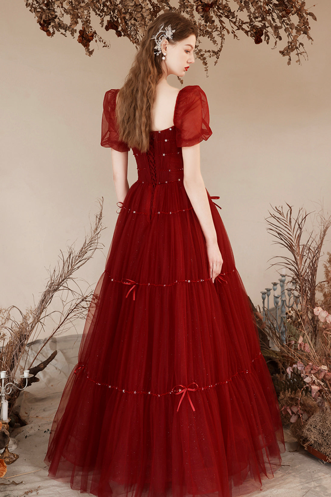 Burgundy Tulle Floor Length Prom Dresses, Beautiful Short Sleeve Evening Dresses