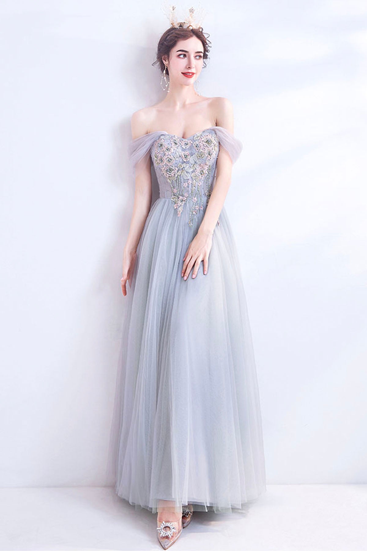 Gray Lace Long A-Line Prom Dress, Off the Shoulder Evening Party Dress