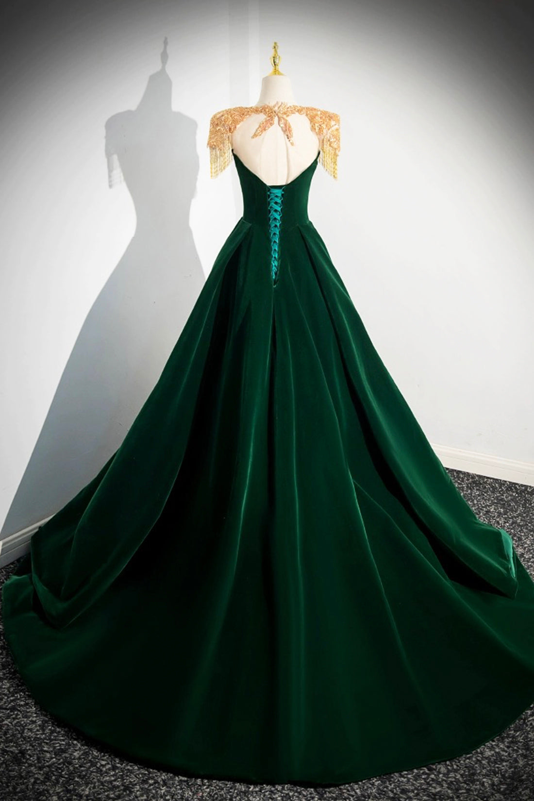 Green Velvet Beaded Long Prom Dress, A-line Beautiful Evening Party Dress
