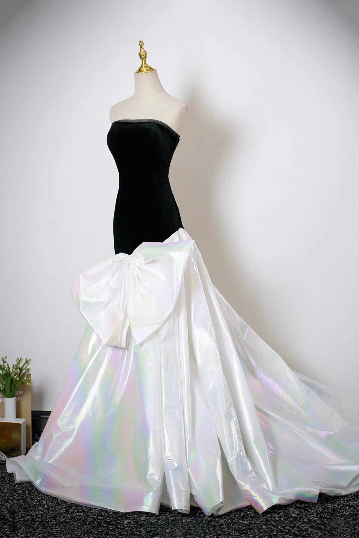 Black Velvet and White Colorful Satin Long Mermaid Strapless Prom Dress