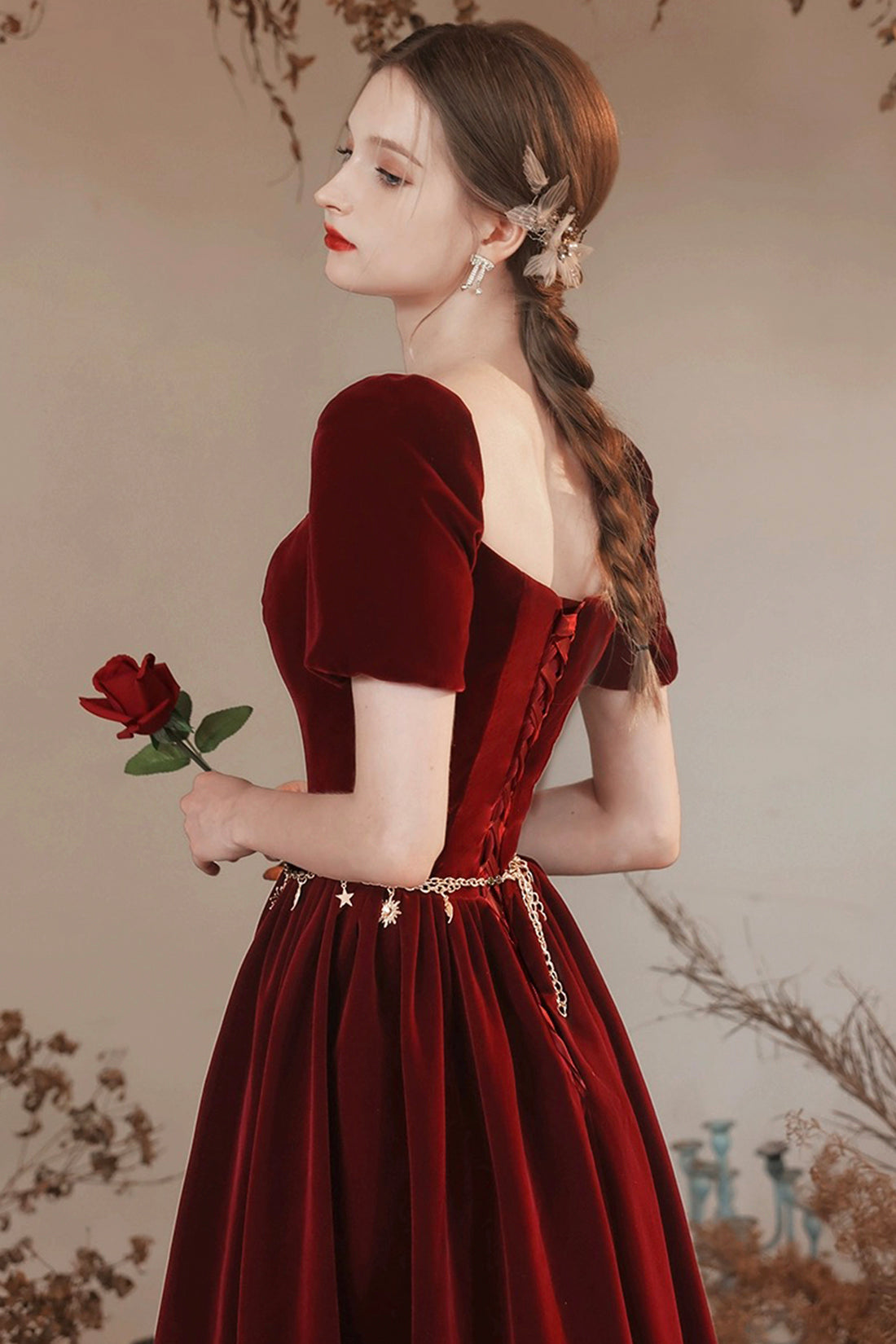 Burgundy Velvet Floor Length Prom Dress, Lovely A-Line Evening Party Dress