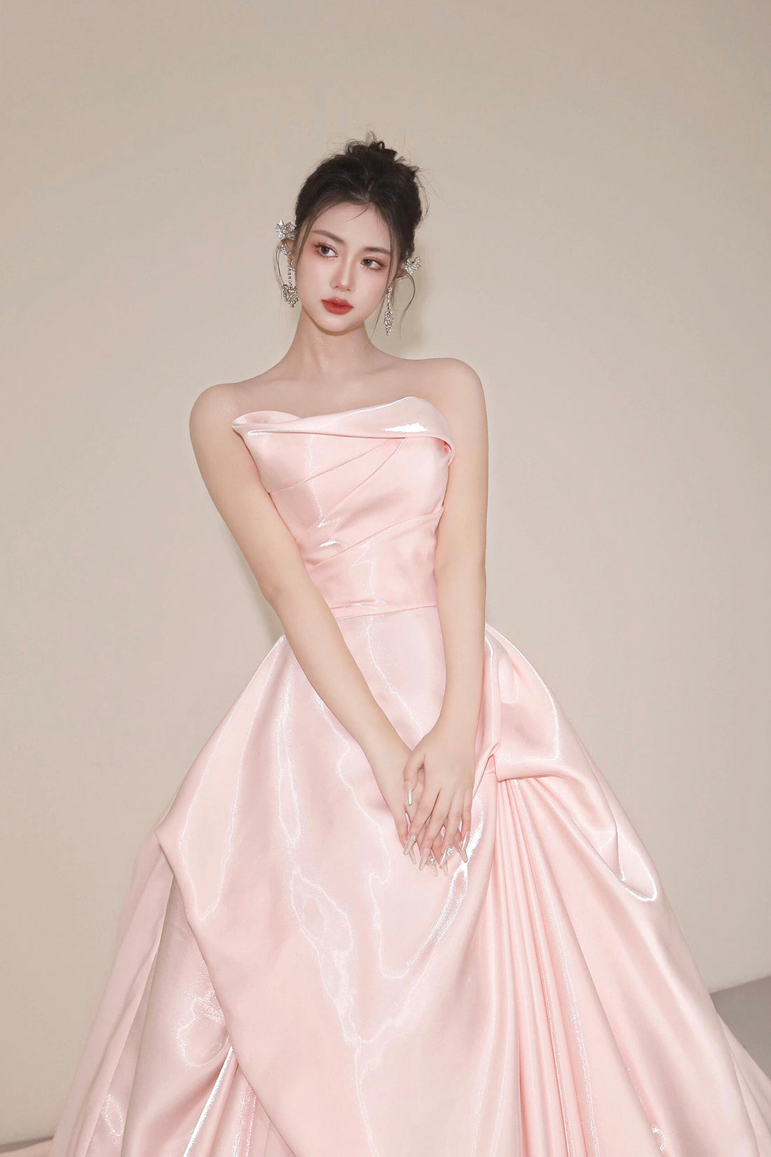 Pink Strapless Satin Long Prom Dress, Beautiful A-Line Party Dress