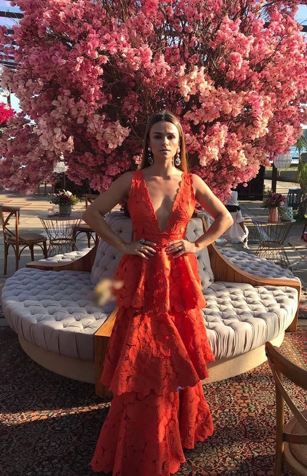 Deep V neck orange A-line long tiered ball gown evening dress gh2810