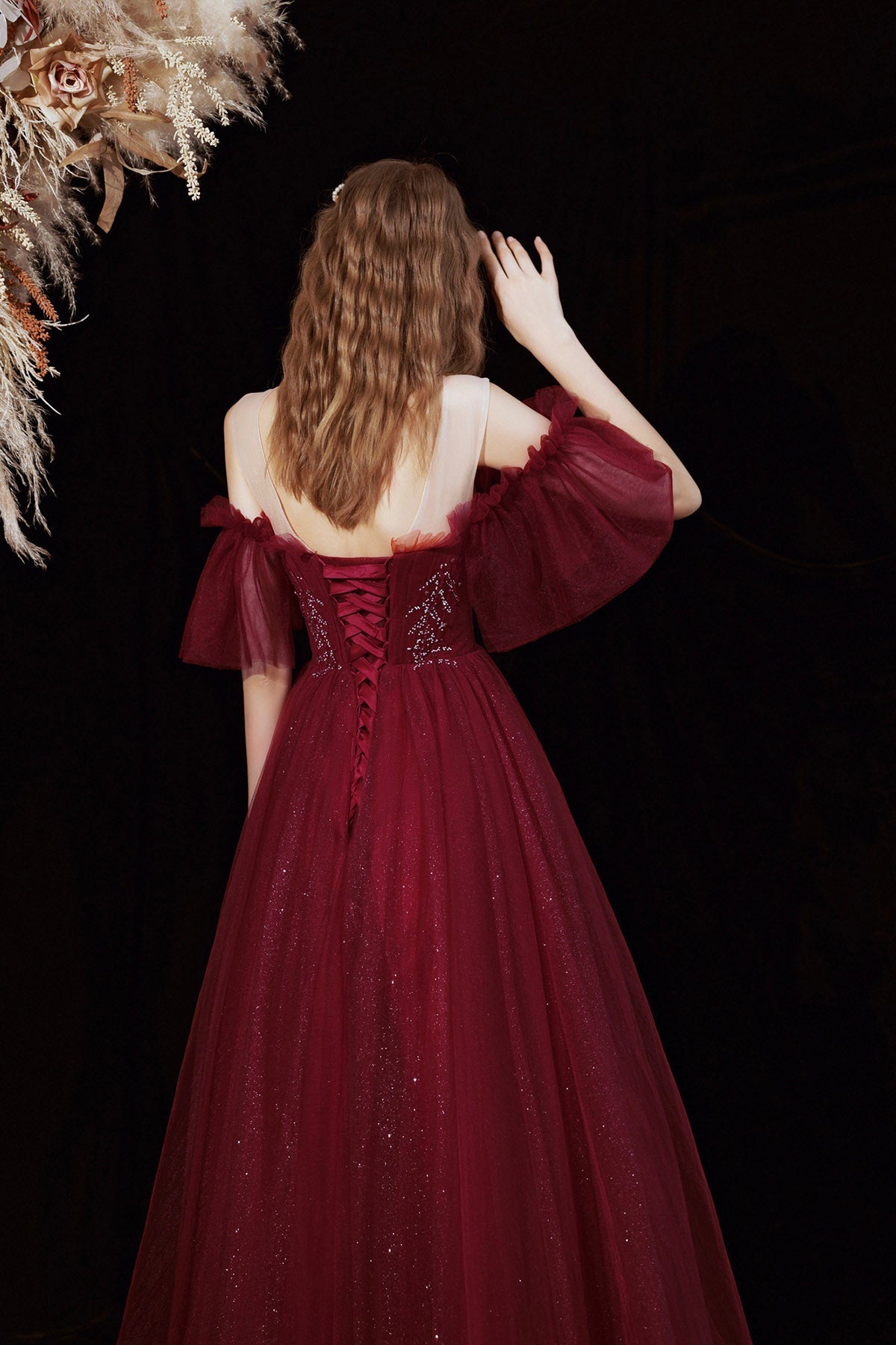 Burgundy Shiny Tulle Long A-Line Prom Dress, Off the Shoulder Party Dress