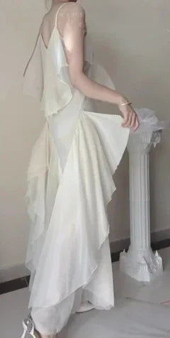 Ivory White Flowing Long Chiffon Ball Gown Evening Dress Party Dress gh4708