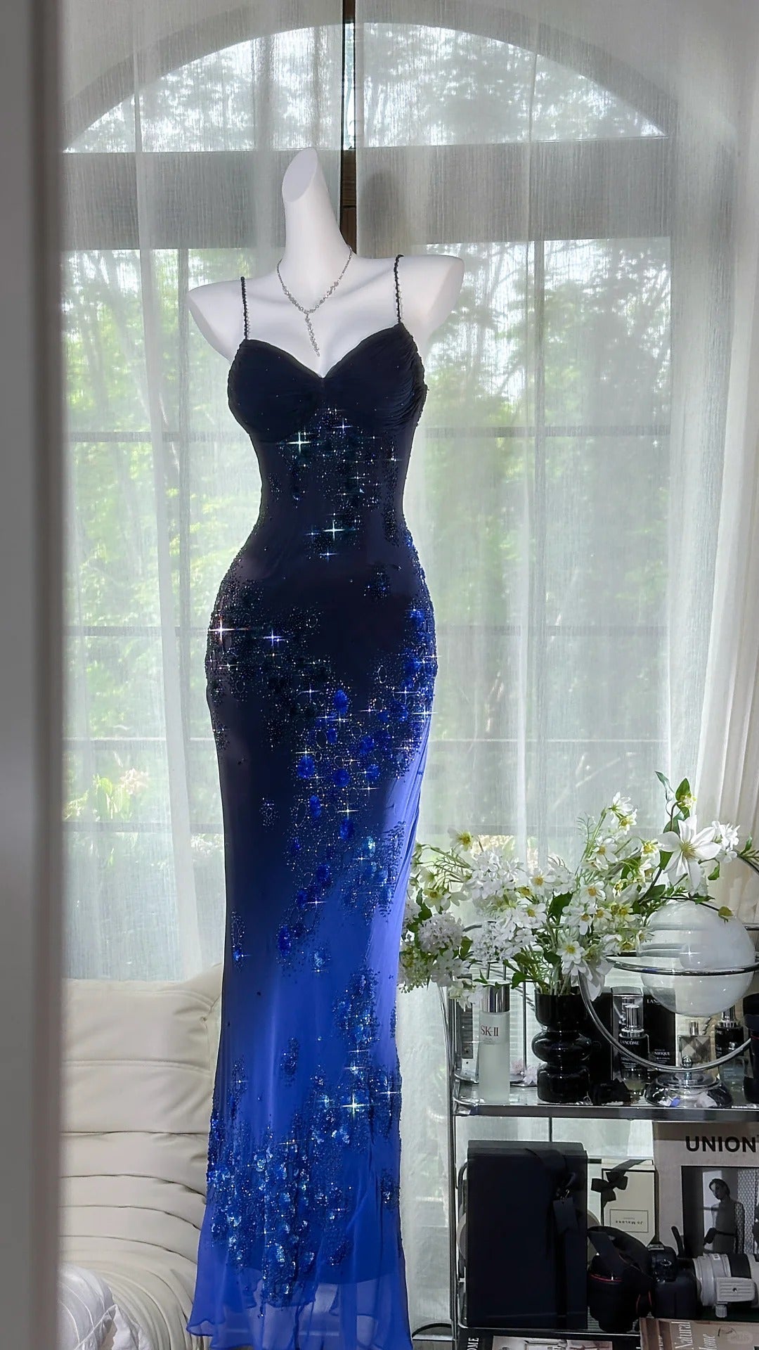 Dark Blue Floral Beaded Elegant Spaghetti Strap Long Chiffon Prom Dress Evening Dress Party Dress Date Dress gh5083