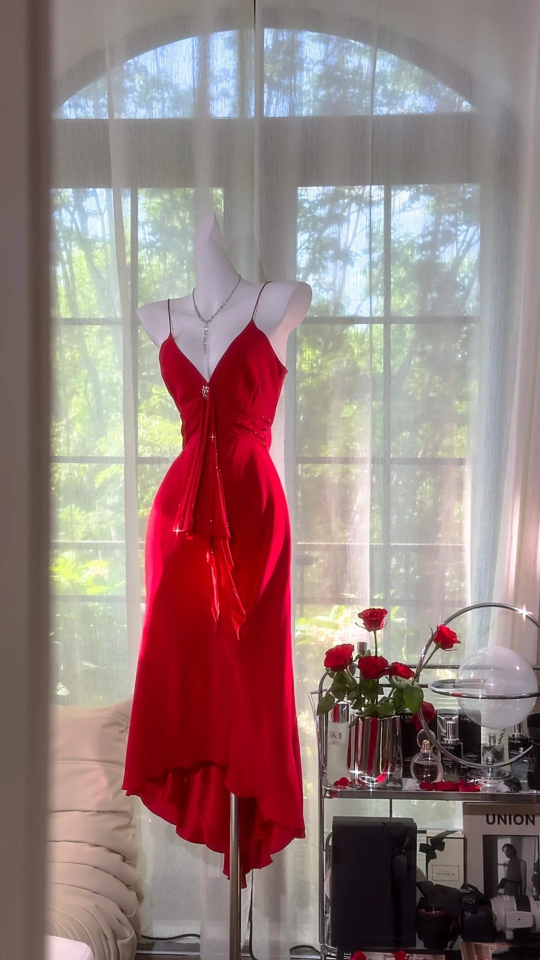 Red Fashion Sexy Elegant Satin Long V Neck Prom Dress Evening Dress Wedding Party Dress gh4845
