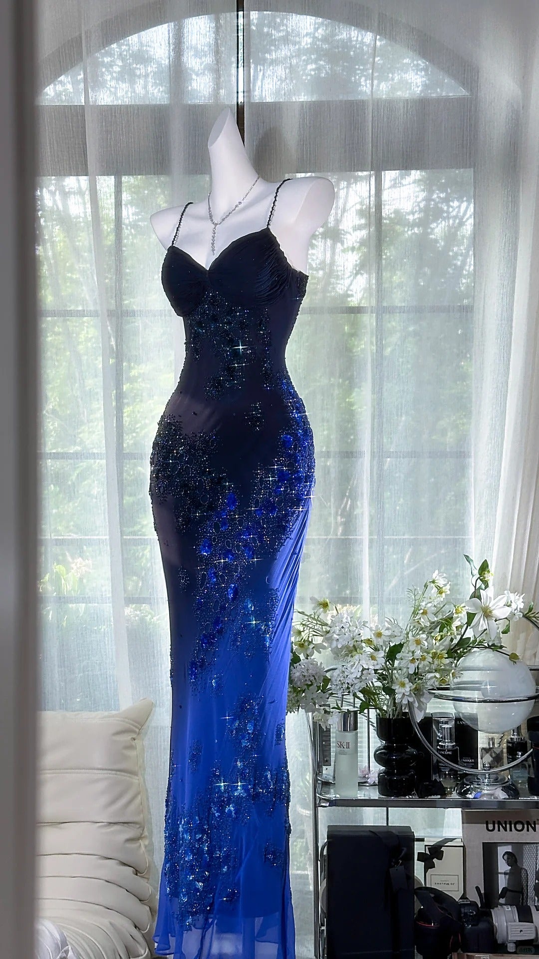 Dark Blue Floral Beaded Elegant Spaghetti Strap Long Chiffon Prom Dress Evening Dress Party Dress Date Dress gh5083