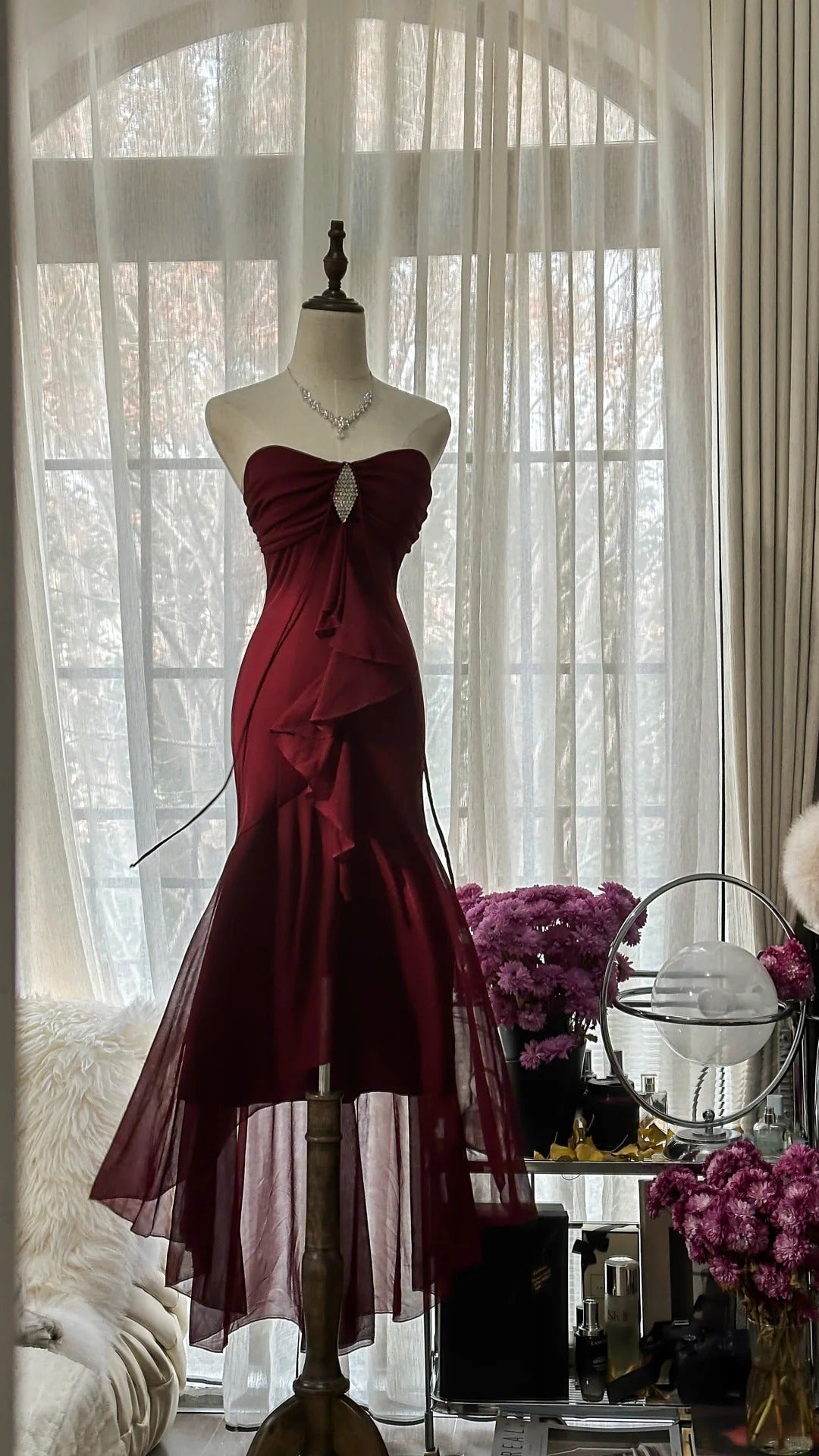 Burgundy Elegant Exquisite Rhinestone Long Chiffon Ball Gown Evening Gown Party Gown Birthday Gown Date Gown gh4164