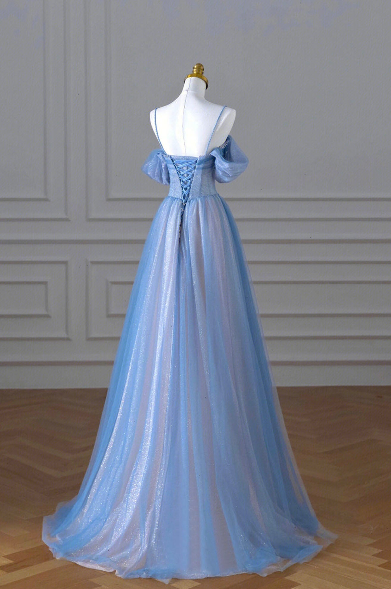 Blue Spaghetti Strap Tulle Long Prom Dress, Beautiful A-Line Evening Dress
