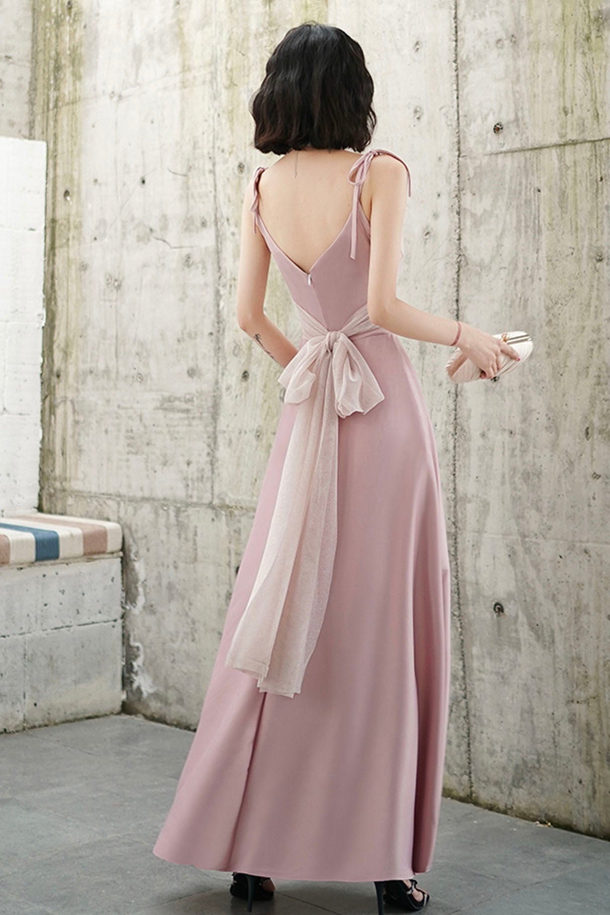 Pink V-neck Long Prom Dress, Simple Spaghetti Straps Evening Dress